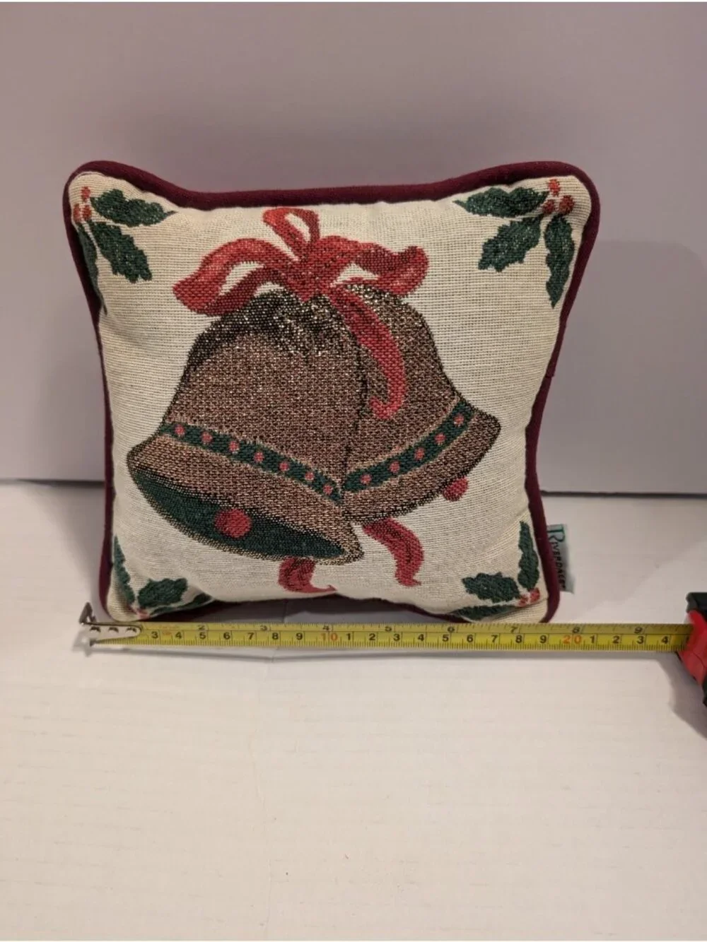 Decorative Christmas Pillow With Bells & Holly Riverdale Burgundy Backing 9